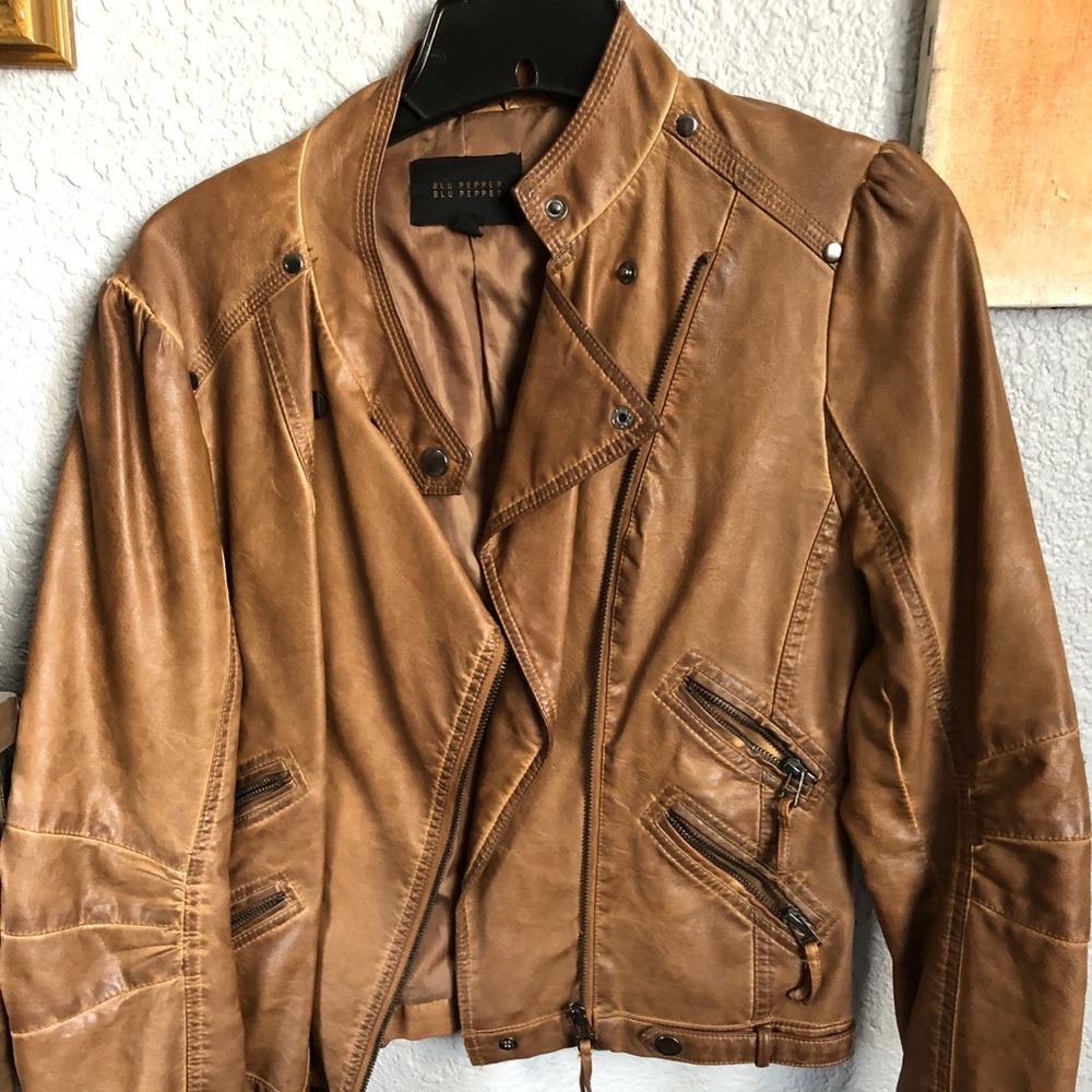 Blu Pepper Brown faux leather motorcycle jacket